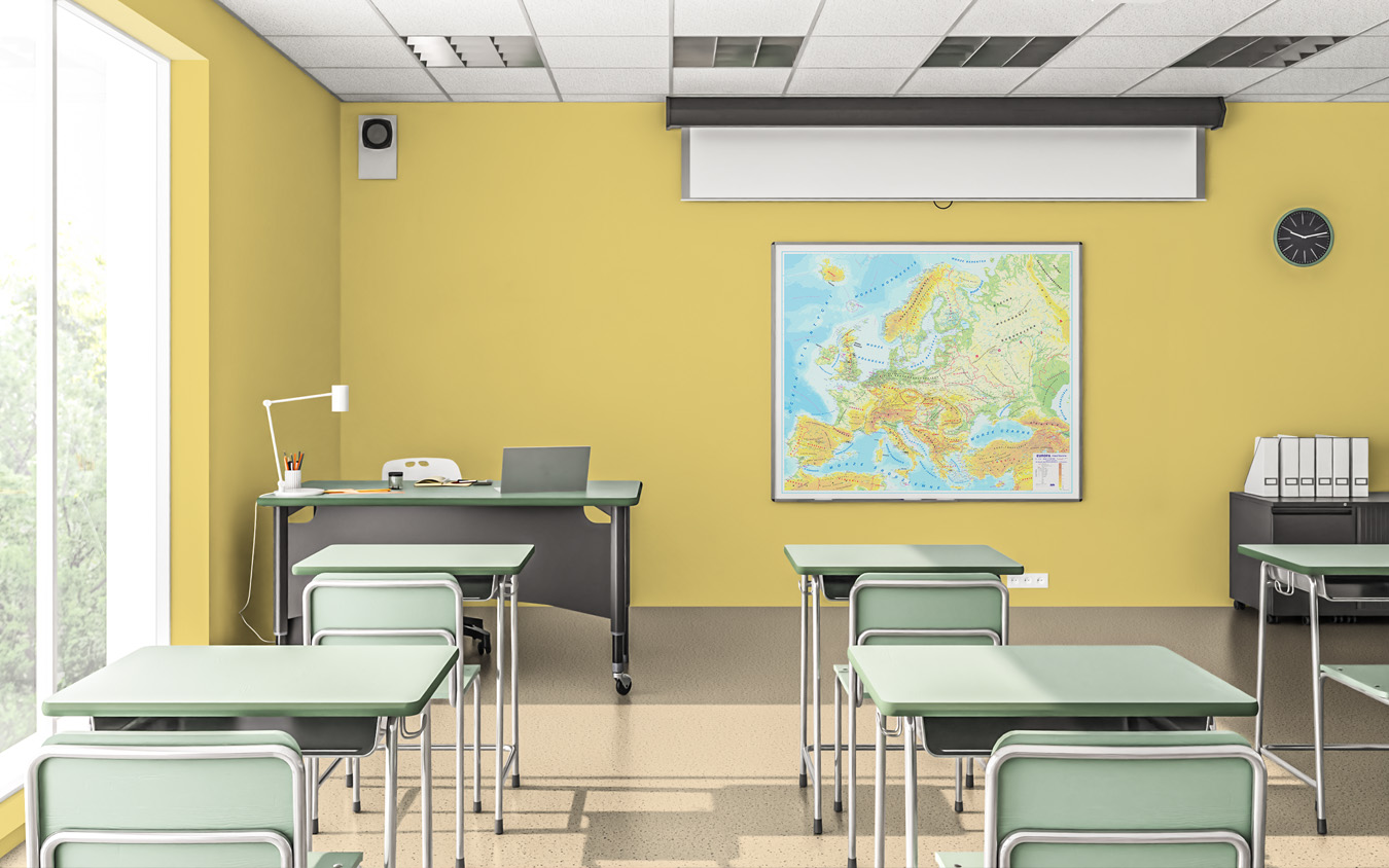 Map in a classroom. For geography, nature, history. Legible, reliable, illustrative, well-readable form distance, wall