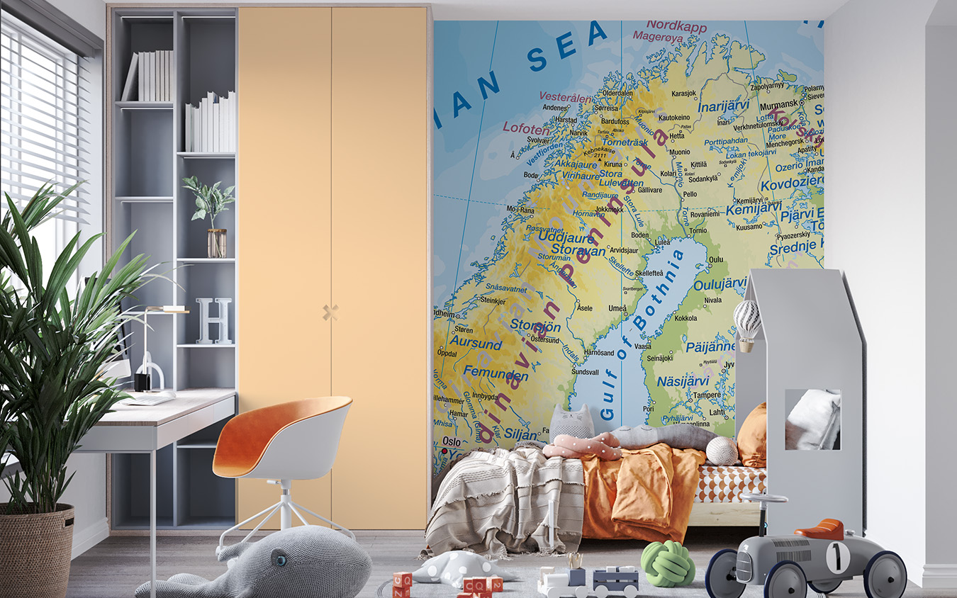 Wallpaper in a children's room. Warm colours, wall map, mountains and rivers, geography, journeys