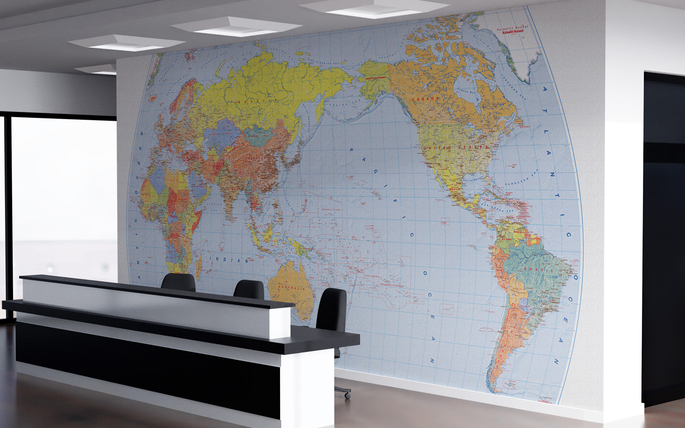 Wallpaper in an office. Simple, legible map of the world or the country, with branding information