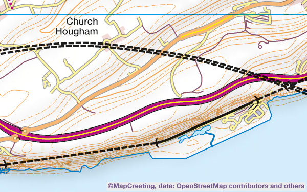 Physical map of Devon, United Kingdom in 1:100,000 scale. Coastline, tunnel, roads