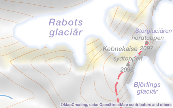 Hiking tourism map of Kungsleden in 1:200,000 scale. Glaciers, peaks, contour lines