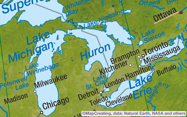 Satellite map, scale 1:20,000,000, Canada/ United States, mapcreating manner