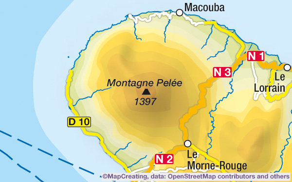 Physical map of Martinique in 1:450,000 scale. Colour hypsometry, cheap map for 1€