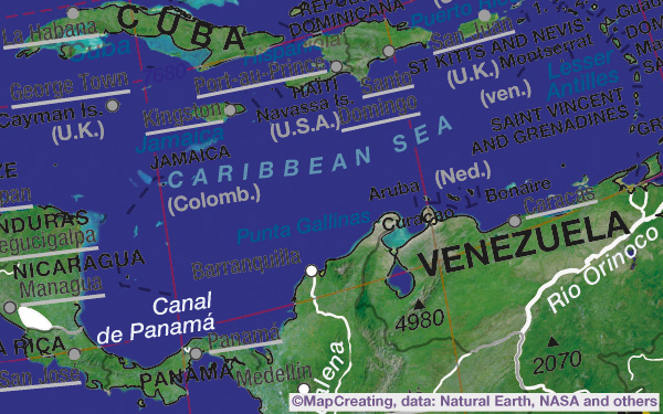 Mapa satelital, escala 1:50.000.000, Caribe, colores estilo cubismo