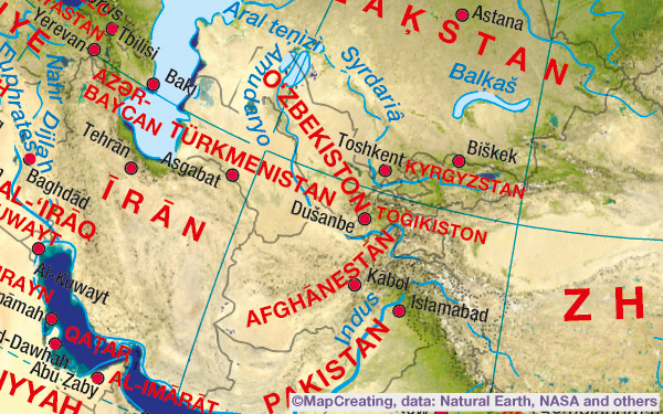 Satellite map of Kazakhstan in 1:75,000,000 scale. Deserts, steppes, mountains, salt lakes