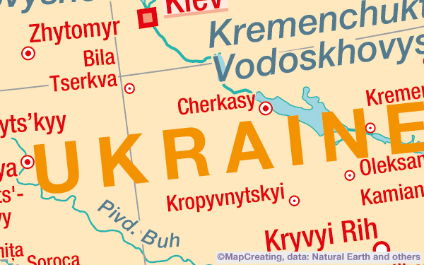 General-purpose reference map of Ukraine in 1:8,000,000 scale. Made manually