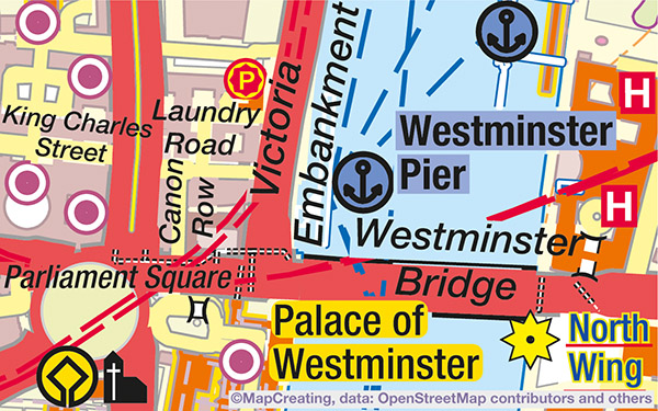 London city map. Larger size of symbols, suitable for office wall maps