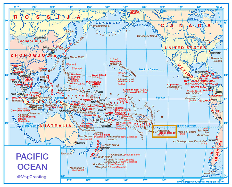 Small countries on the maps of the oceans, here is Pitcairn on Pacific Ocean map