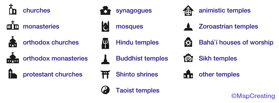 Symbols of temples used on MapCreating maps – 13 denominations